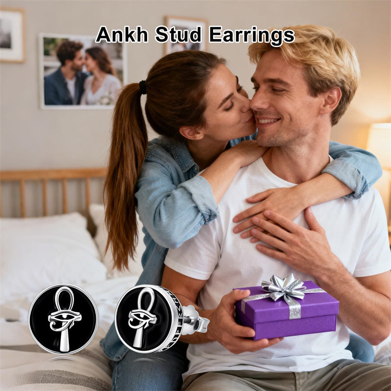 Sterling Silver Black Onyx Tree of Life Ankh Cross Skull Valknu Viking Stud Earrings