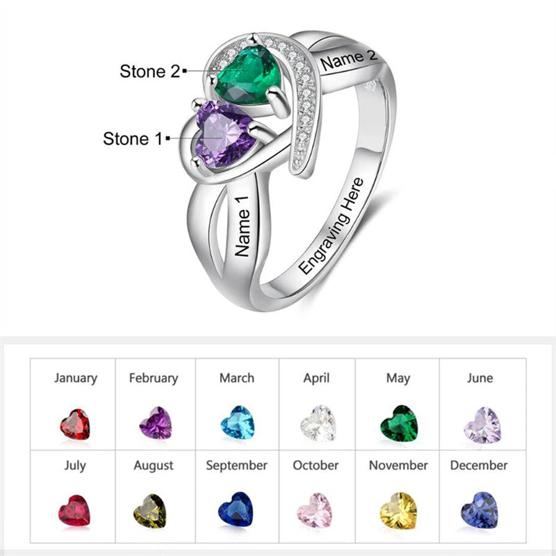 10K 14K 18 K Gold Personalized Engraved 2 Simulated Heart Birthstone Ring