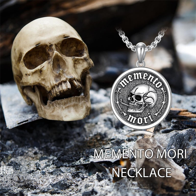 Sterling Silver Gothic Skull Memento Mori Pendant Necklace with Engraved Word