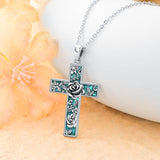 Sterling Silver Turquoise Personalized Engraved 12 Month Birth Flower Cross Pendant Necklace