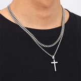 Sterling Silver Layered Cross Necklace for Men with Stainless Steel Cuban Link Rope Chain