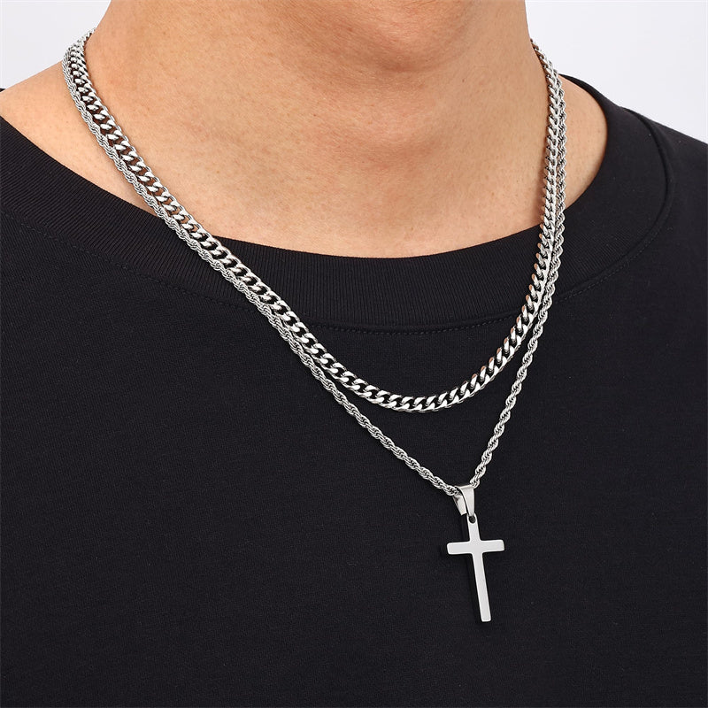 Sterling Silver Layered Cross Necklace for Men with Stainless Steel Cuban Link Rope Chain