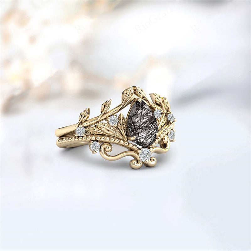 Sterling Silver 10K 14K 18K Personalized Engraved 2CT Natural Black Rutilated Quartz Engagement Ring Set