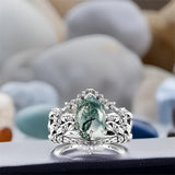 Sterling Silver Personalized Engraved Pear Moss Agate Engagement Black Ring Set Bridal Rings Set