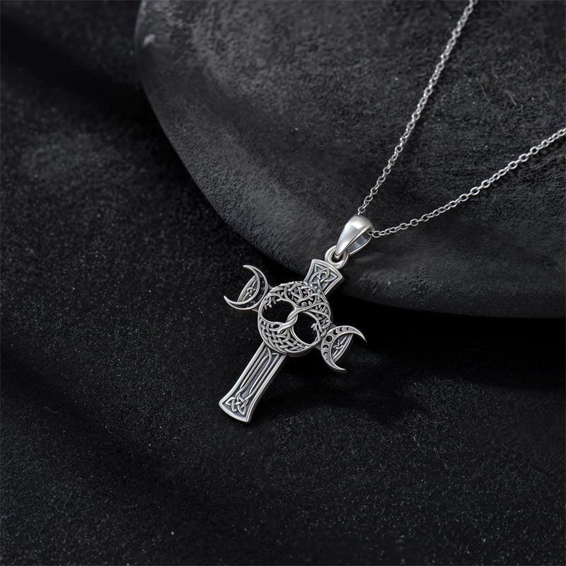 Sterling Silver Shark Fish Hook Triple Moon Cross Pendant Necklace