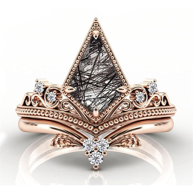 Sterling Silver 10K 14K 18K Personalized Engraved 2CT Natural Black Rutilated Quartz Engagement Ring Set