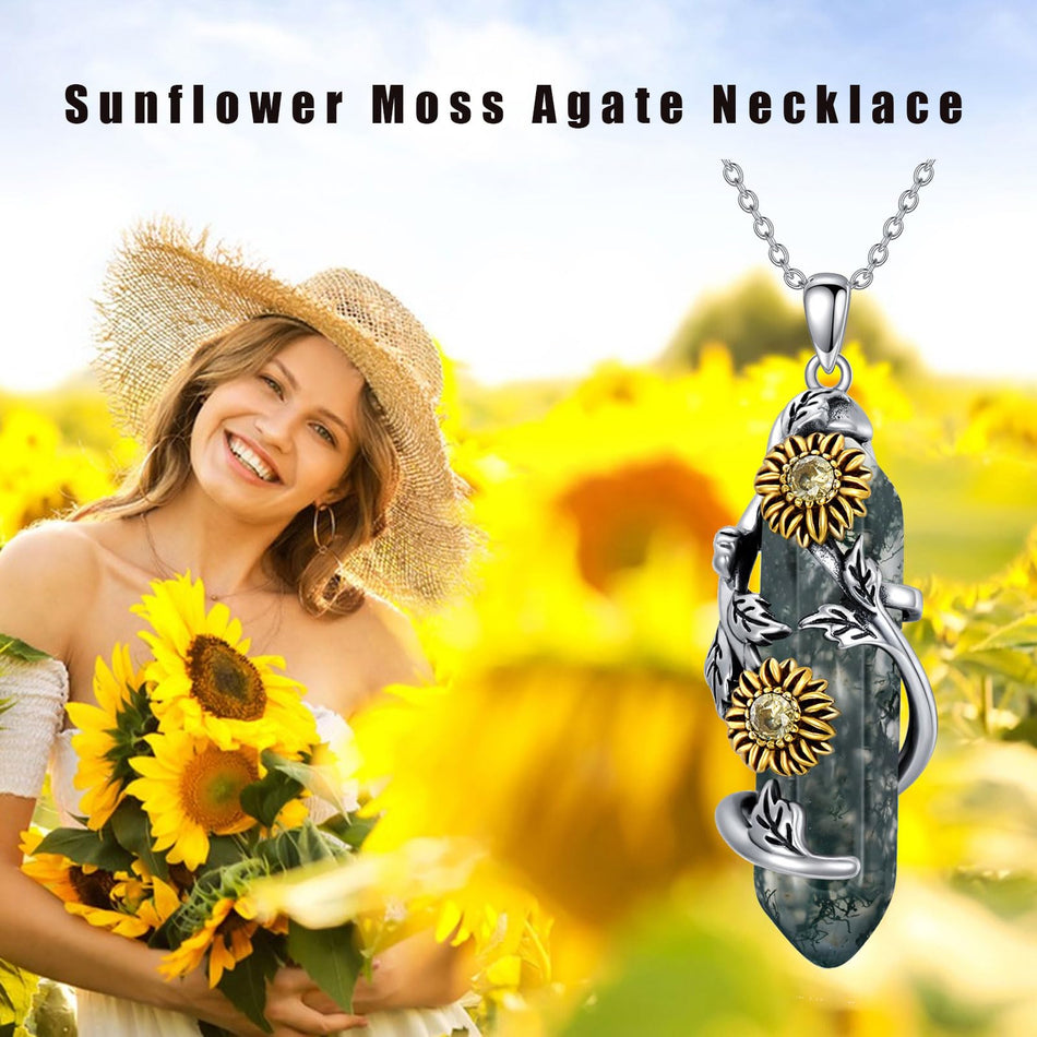 Sterling Silver Moss Agate Sunflower Pendant Necklace