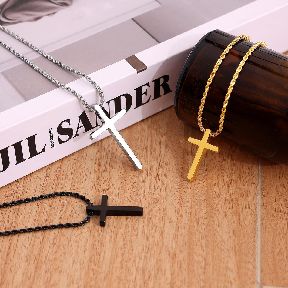 Sterling Silver Cross Pendant Necklace with Stainless Steel 2.0mm Rope Chain
