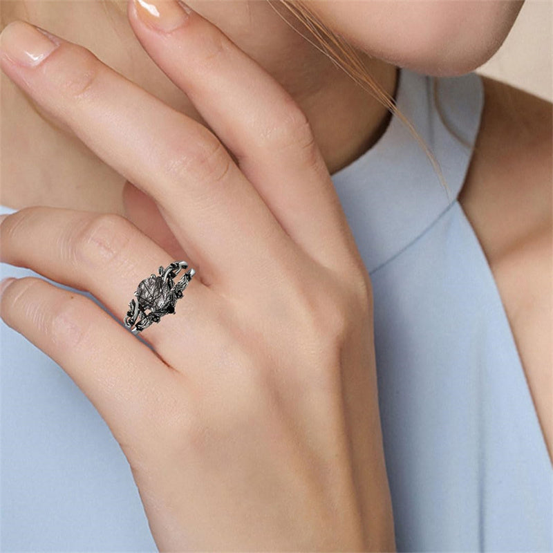 Sterling Silver 10K 14K 18K Personalized Engraved 2CT Natural Black Rutilated Quartz Engagement Ring Set