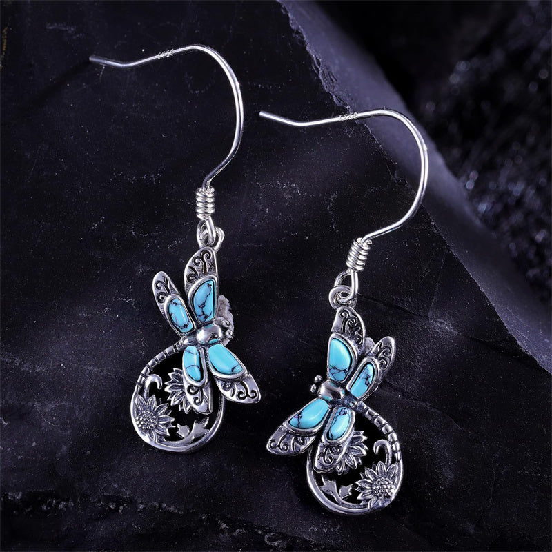 Sterling Silver Abalone Shell Dragonfly Spoon Ring and Dragonfly Sunflower Dangle Earrings