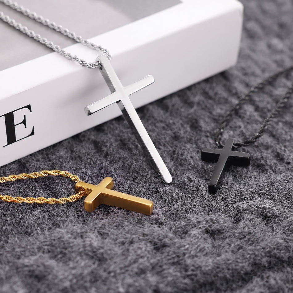 Sterling Silver Cross Pendant Necklace with Stainless Steel 2.0mm Rope Chain