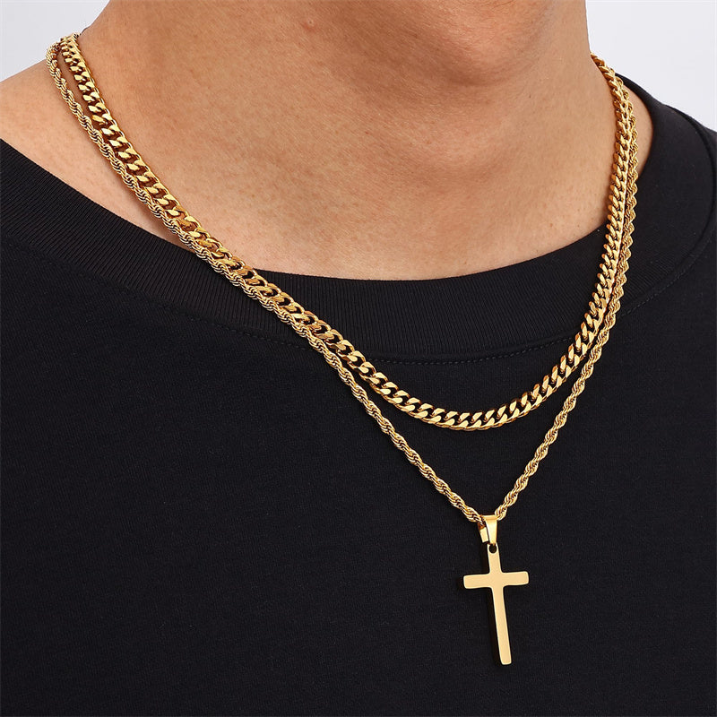 Sterling Silver Layered Cross Necklace for Men with Stainless Steel Cuban Link Rope Chain