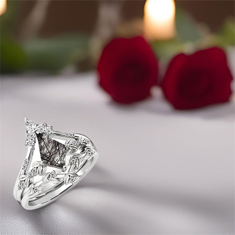 Sterling Silver 10K 14K 18K Personalized Engraved 2CT Natural Black Rutilated Quartz Engagement Ring Set