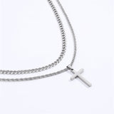 Sterling Silver Layered Cross Necklace for Men with Stainless Steel Cuban Link Rope Chain