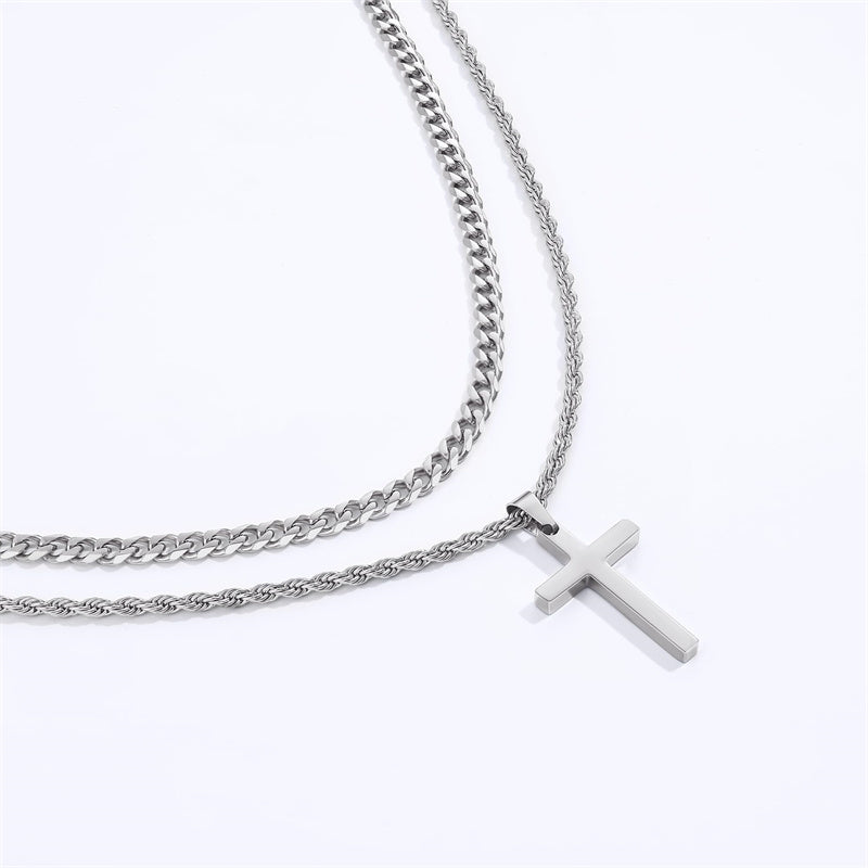 Sterling Silver Layered Cross Necklace for Men with Stainless Steel Cuban Link Rope Chain