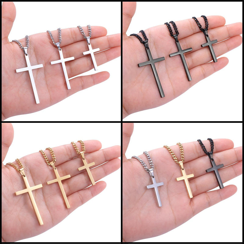 Sterling Silver Cross Pendant Necklace with 3.0mm Stainless Steel Cuban Chain