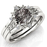 Sterling Silver 10K 14K 18K Personalized Engraved 2CT Natural Black Rutilated Quartz Engagement Ring Set