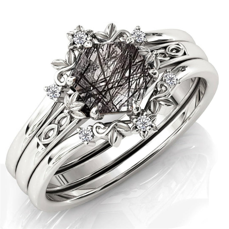 Sterling Silver 10K 14K 18K Personalized Engraved 2CT Natural Black Rutilated Quartz Engagement Ring Set