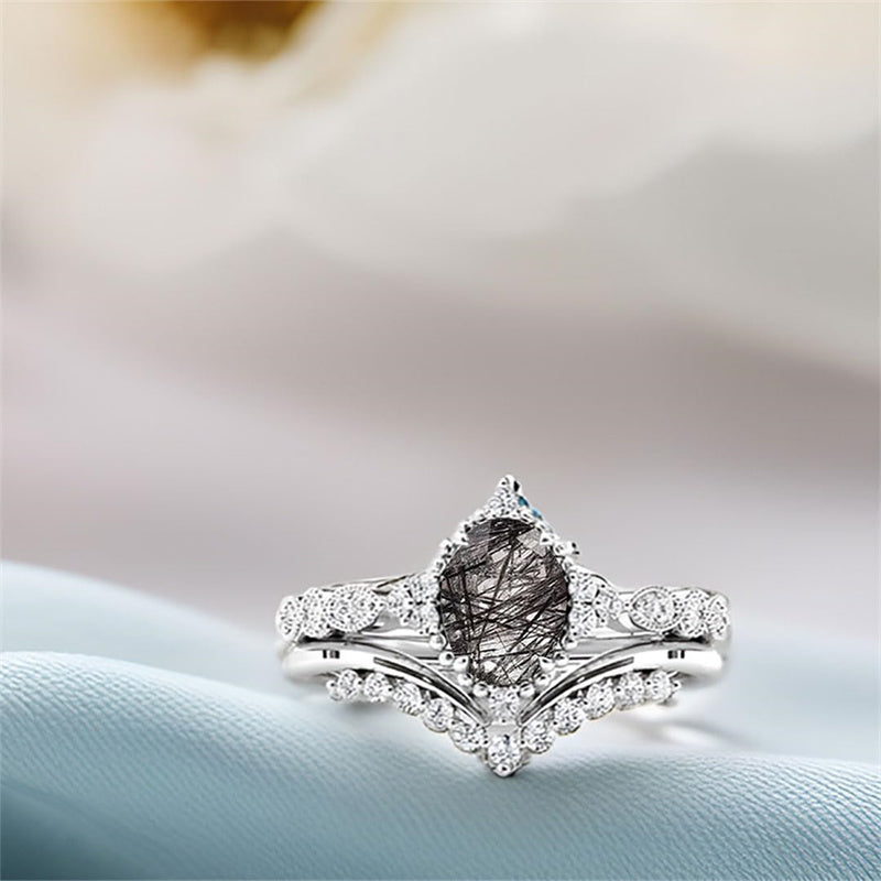 Sterling Silver 10K 14K 18K Personalized Engraved 2CT Natural Black Rutilated Quartz Engagement Ring Set