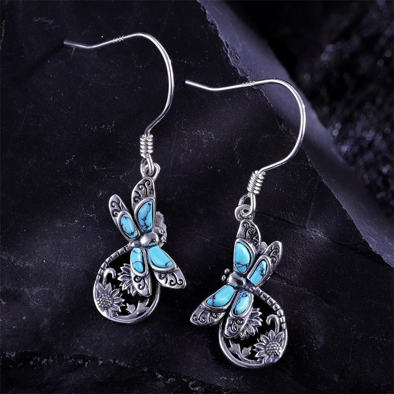 Sterling-Silver White Turquoise Dragonfly Spoon Ring and Dragonfly Sunflower Dangle Earrings