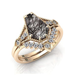 Sterling Silver 10K 14K 18K Personalized Engraved 2CT Natural Black Rutilated Quartz Engagement Ring Set
