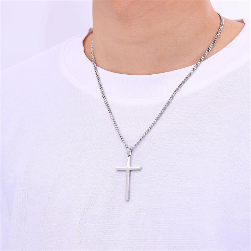 Sterling Silver Cross Pendant Necklace with 3.0mm Stainless Steel Cuban Chain