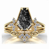 Sterling Silver 10K 14K 18K Personalized Engraved 2CT Natural Black Rutilated Quartz Engagement Ring Set