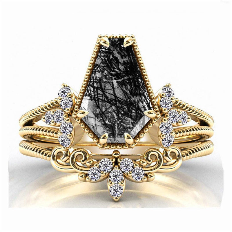 Sterling Silver 10K 14K 18K Personalized Engraved 2CT Natural Black Rutilated Quartz Engagement Ring Set