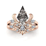 Sterling Silver 10K 14K 18K Personalized Engraved 2CT Natural Black Rutilated Quartz Engagement Ring Set