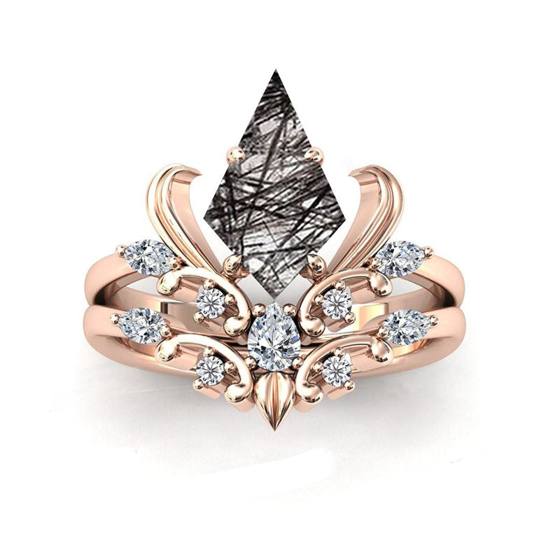 Sterling Silver 10K 14K 18K Personalized Engraved 2CT Natural Black Rutilated Quartz Engagement Ring Set