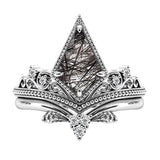 Sterling Silver 10K 14K 18K Personalized Engraved 2CT Natural Black Rutilated Quartz Engagement Ring Set