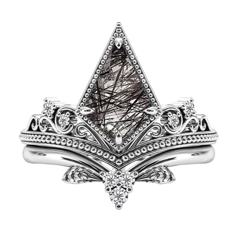 Sterling Silver 10K 14K 18K Personalized Engraved 2CT Natural Black Rutilated Quartz Engagement Ring Set