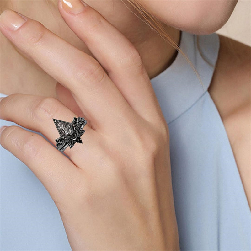 Sterling Silver 10K 14K 18K Personalized Engraved 2CT Natural Black Rutilated Quartz Engagement Ring Set
