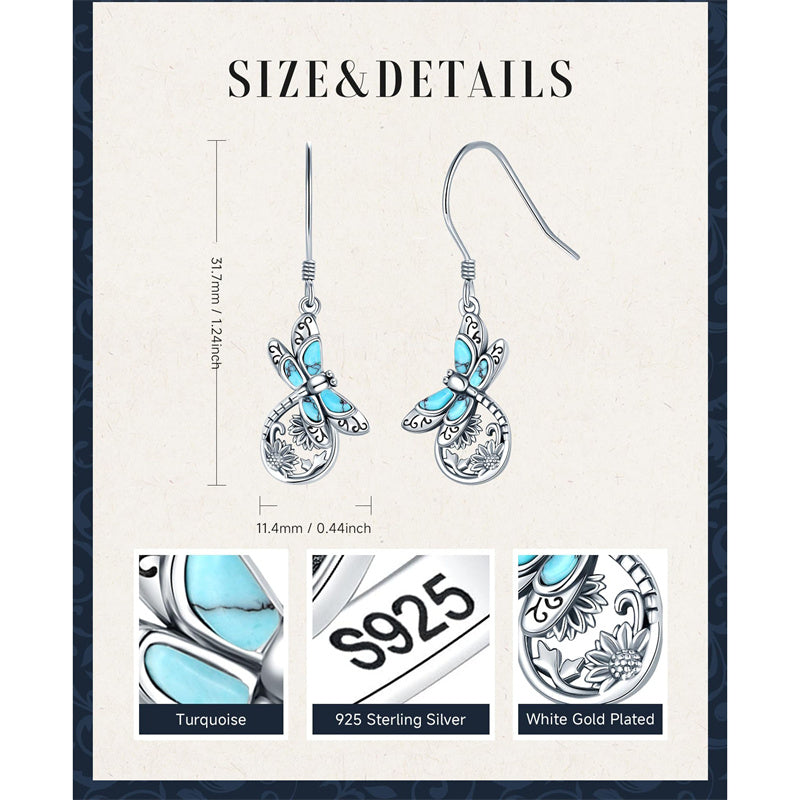 Sterling-Silver White Turquoise Dragonfly Spoon Ring and Dragonfly Sunflower Dangle Earrings
