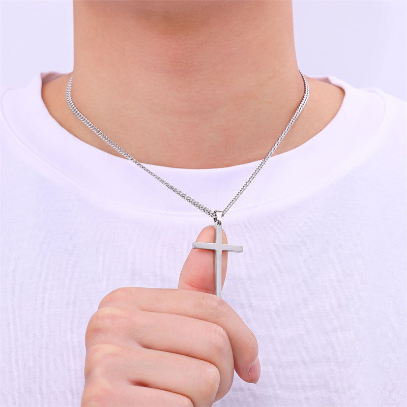 Sterling Silver Cross Pendant Necklace with 3.0mm Stainless Steel Cuban Chain