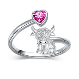 Sterling Silver Heart Birthstone Personalized Engraved Highland Cow Adjustable Ring