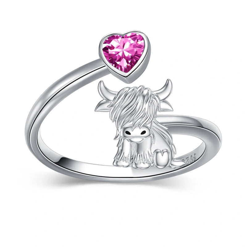 Sterling Silver Heart Birthstone Personalized Engraved Highland Cow Adjustable Ring