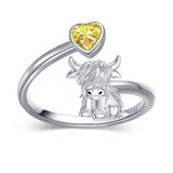 Sterling Silver Heart Birthstone Personalized Engraved Highland Cow Adjustable Ring