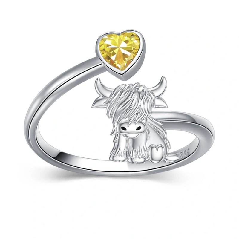 Sterling Silver Heart Birthstone Personalized Engraved Highland Cow Adjustable Ring