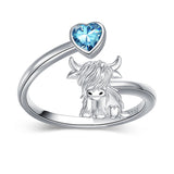 Sterling Silver Heart Birthstone Personalized Engraved Highland Cow Adjustable Ring