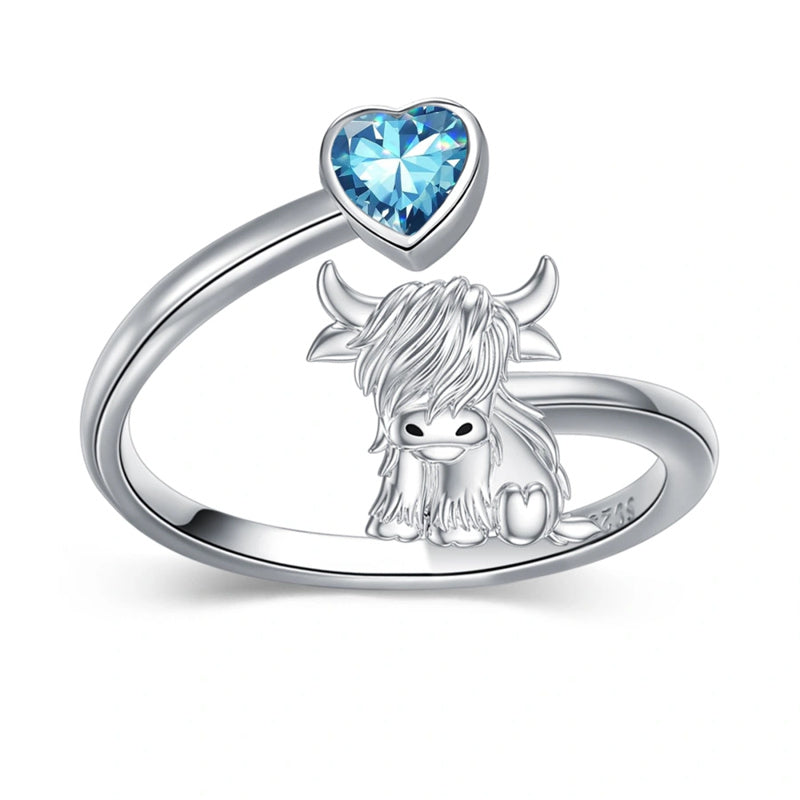 Sterling Silver Heart Birthstone Personalized Engraved Highland Cow Adjustable Ring