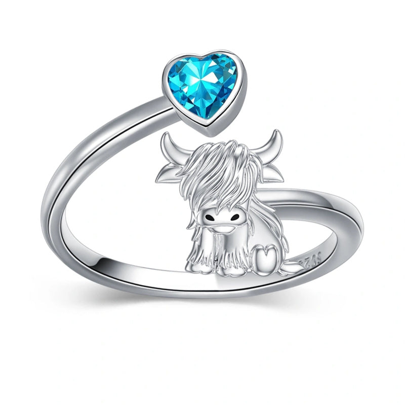 Sterling Silver Heart Birthstone Personalized Engraved Highland Cow Adjustable Ring