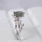 Sterling Silver 10K 14K 18K Gold 1CT Leaf Pear Shaped Natural Moss Agate Engagement Rings
