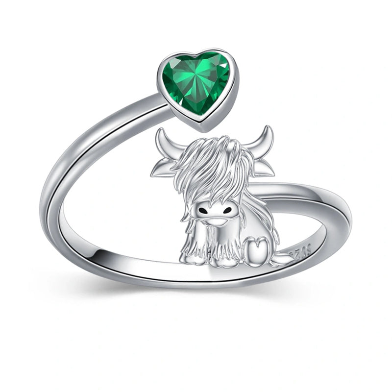 Sterling Silver Heart Birthstone Personalized Engraved Highland Cow Adjustable Ring