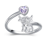 Sterling Silver Heart Birthstone Personalized Engraved Highland Cow Adjustable Ring