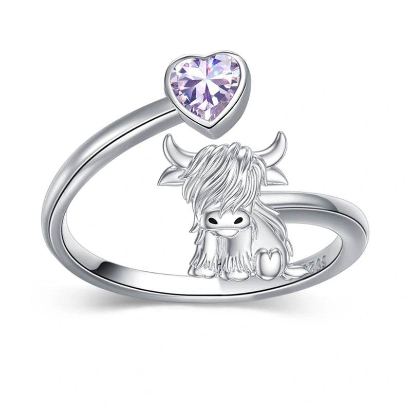 Sterling Silver Heart Birthstone Personalized Engraved Highland Cow Adjustable Ring