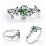 Sterling Silver 10K 14K 18K Gold 1CT Leaf Pear Shaped Natural Moss Agate Engagement Rings