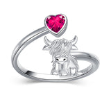 Sterling Silver Heart Birthstone Personalized Engraved Highland Cow Adjustable Ring