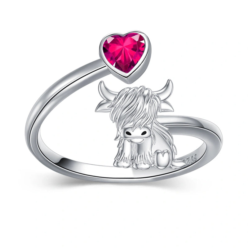 Sterling Silver Heart Birthstone Personalized Engraved Highland Cow Adjustable Ring