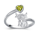 Sterling Silver Heart Birthstone Personalized Engraved Highland Cow Adjustable Ring